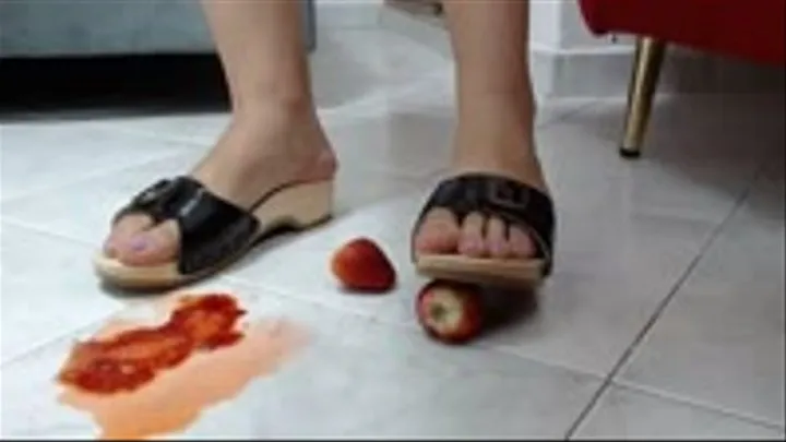 crush in wooden Berkemann sandal and barefeet some fruits *crushing and stomp some fruits*