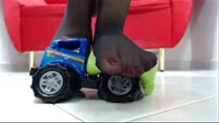 Crushing a Toytruck in nylons feet and in wooden sandals (steve madden)