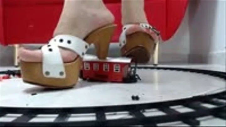 crushing a complet trainset toy with 4 pair of shoes!!!