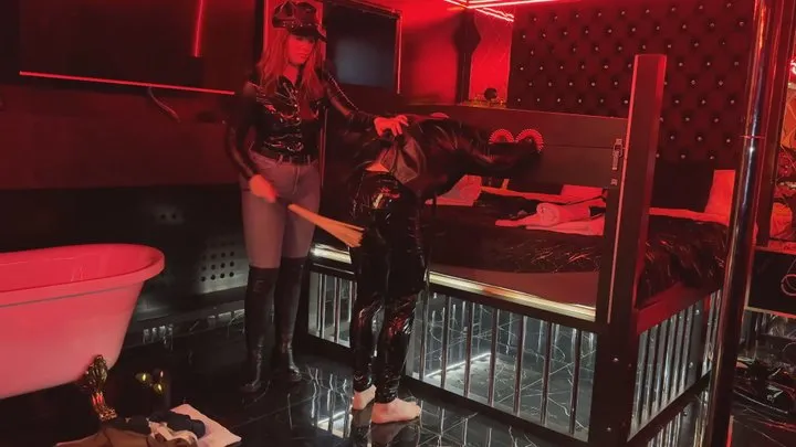 Femdom mistress dress slave into leather clothes humiliate him