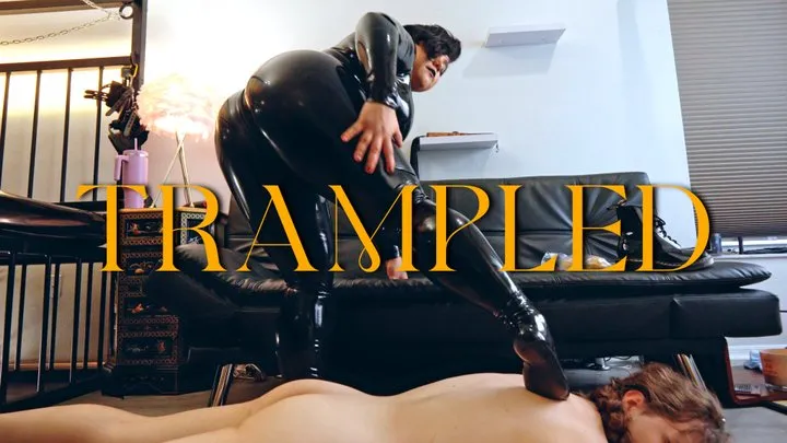 Trampled: slave stepped on and kicked around by mistress in full latex catsuit and latex socks