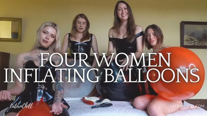 Four women inflating and playing with their balloons