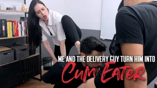 Nara join delivery guy to blackmail her boss into suck feet and cock ( EN--sub)