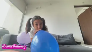 Akina blows up purple balloons