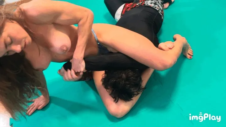 Part 6 out 7 Series Anastasia (Topless) vs Zac in Mixed Wrestling match called “MUSCULAR ITALIAN WOMAN DOMINATES ITALIAN MAN”