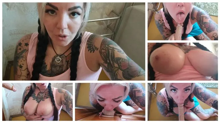 Hot and busty girl next door sucks big dildo while no one is home