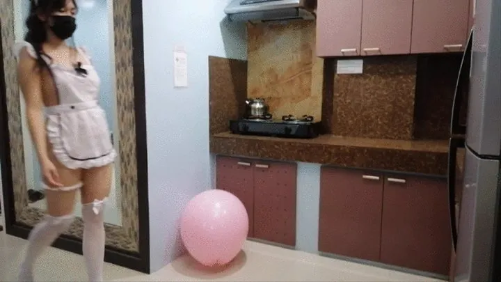 Maid in the kitchen fucks balloon