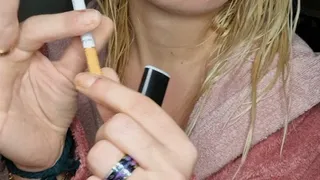Smoking after shower in my pink bathrobe