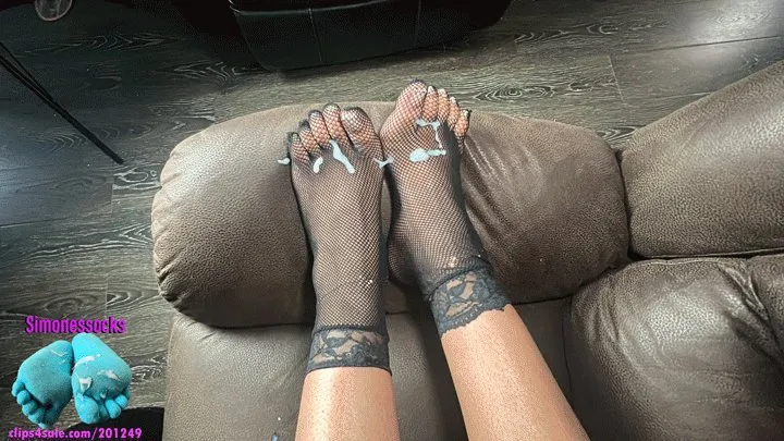 Fishnet toe socks footjob