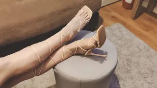 GF showing off sexy legs and feet with white toes wearing pink lace up high heels