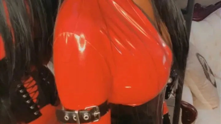 TS RED LATEX CATSUIT SMOKING CUMSHOT