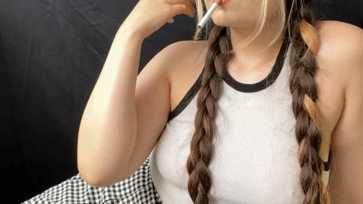 Smoking Fetish, wearing glasses, hair in braids, miniskirt, crop top