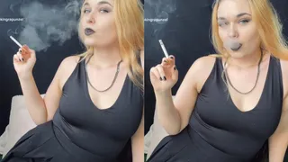 Smoking, goth style, black lipstick, black makeup, black dress, black nails