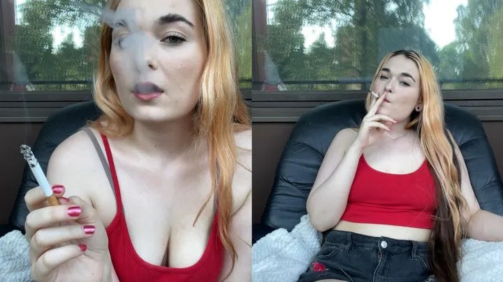 Sexy smoking, red top and jean shorts