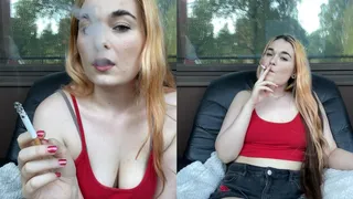 Sexy smoking, red top and jean shorts