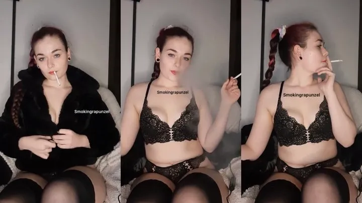 Stripping down to lingerie and smoking