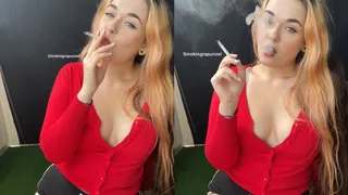 Smoking in a red top that shows off my boobs and mini shorts