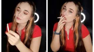 Sexy seductive smoking, black backround, lipgloss, red nails