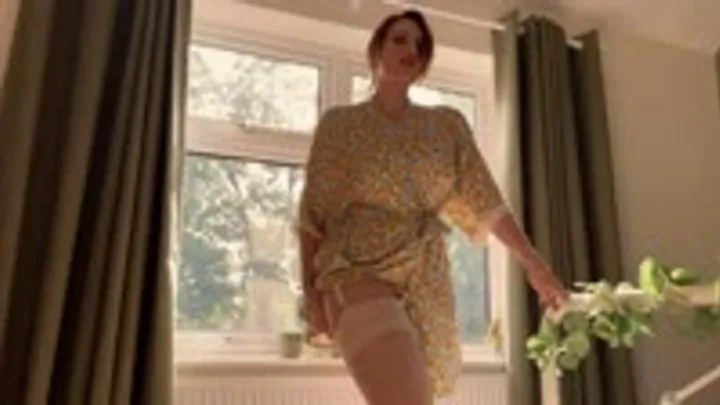 Striptease - Stripping out of What Katie Did Cream Stockings & Floral Gown