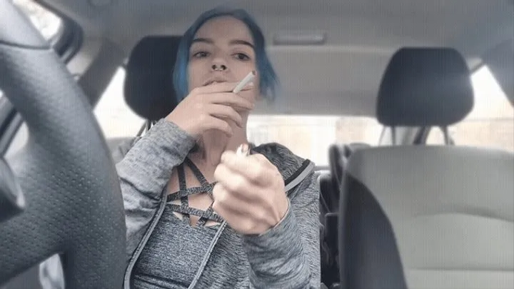 Sexy Goth Girl Smokes In Car after Workout at the Gym