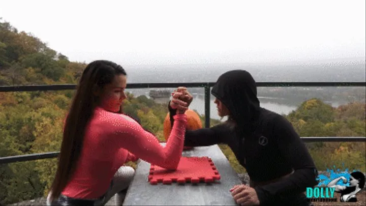 Halloween armwrestling match between 2 strong girls
