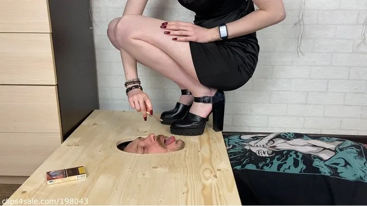 Human ashtray, spitting and heels worship while slave's face is in the face box