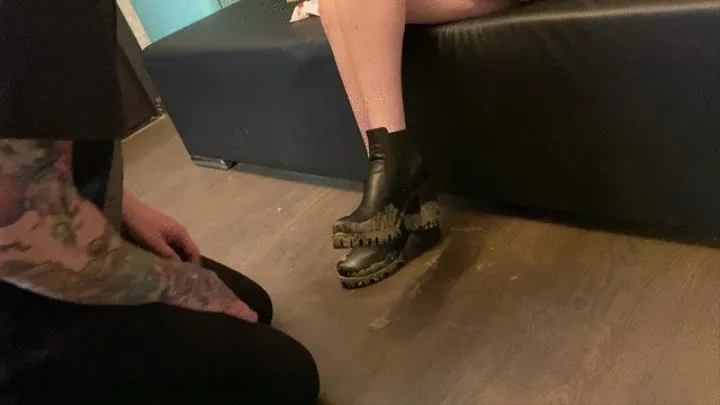 Very dirty ankle boots licking