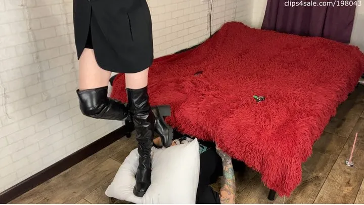 Smoking, spittion and dirty boots wiping on slave's white pillow