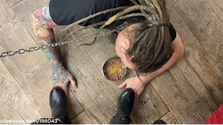 Slave humiliation, spit fetish and feeding