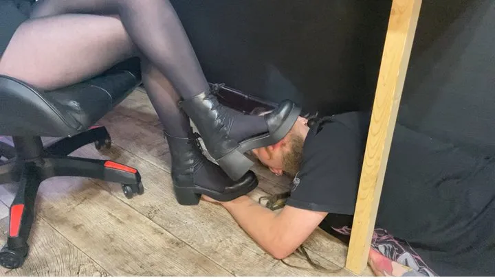 Slave's licking fashion heeled sandals and sniffing sweaty stickings under table