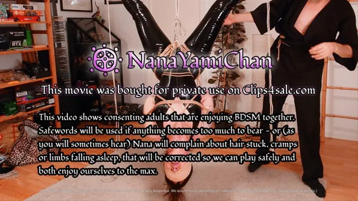 : Shiny girl prayer tied, inverse suspended and vibrated