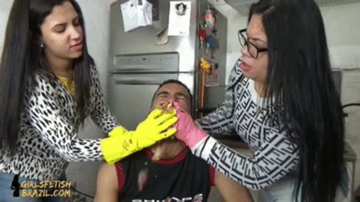 Vegans feeding slave with vegetables (gloves) by Mistress Beh and Lola