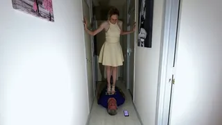 Trampling Him In Her Beige Dress & Big Wedge Shoes