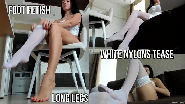 Legs and feet in white nylons tease - live stream