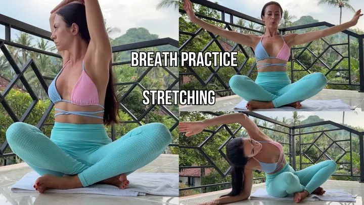 Breath practice and express stretch on outdoor balcony