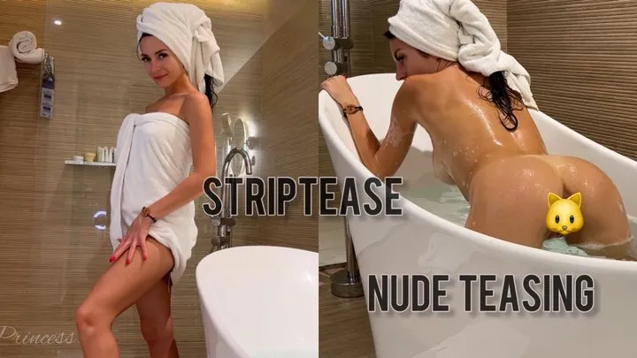 Striptease, nude teasing in a bathtub