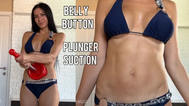 Belly button plunger suction in dark blue bikini