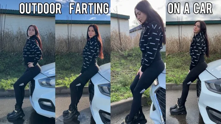 Outdoor farting on a car in leggings