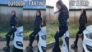 Outdoor farting on a car in leggings