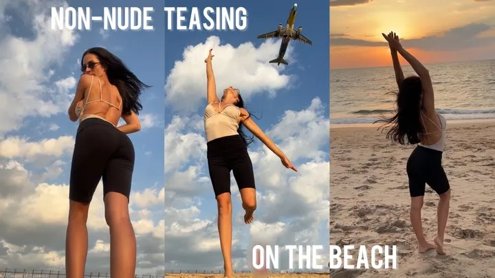 Non-nude teasing on public beach in tight shorts & top