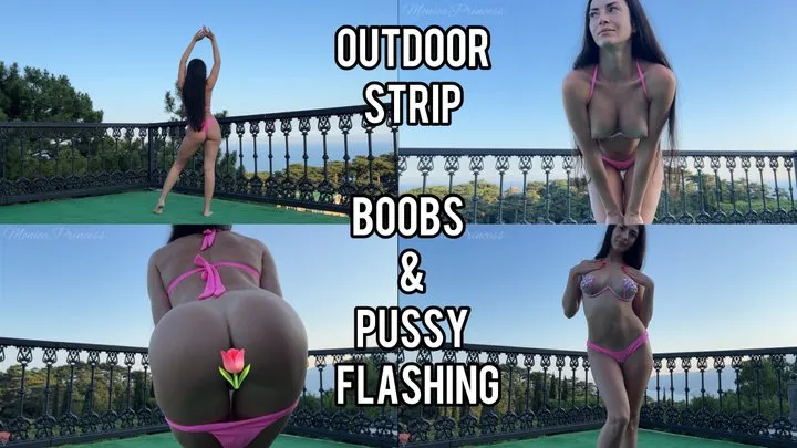 Outdoor strip, boobs and pussy flashing