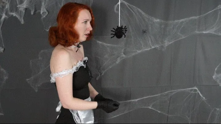 Spider attack on maid bondage in latex bed