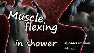 Goddess flexing her muscles in shower