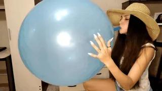 Plump lips will blow up a blue balloon