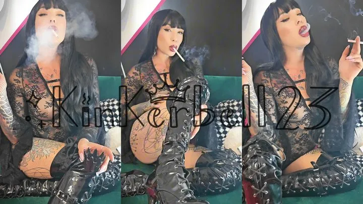 Smoking Misty 120 cigarette wearing PVC thigh high boots and dark lipstick- Kinkerbell23