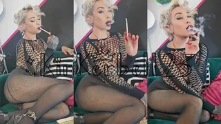 Chainsmoking wearing tights, fishnet top and heels - Kinkerbell23