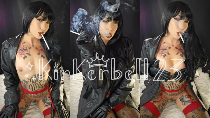 Teasing and smoking for you in my new Leather coat, Leather gloves and stockings - Kinkerbell23