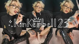 Smoking 120 cigarette and stroking strap-on with PVC boots and skirt - Kinkerbell23