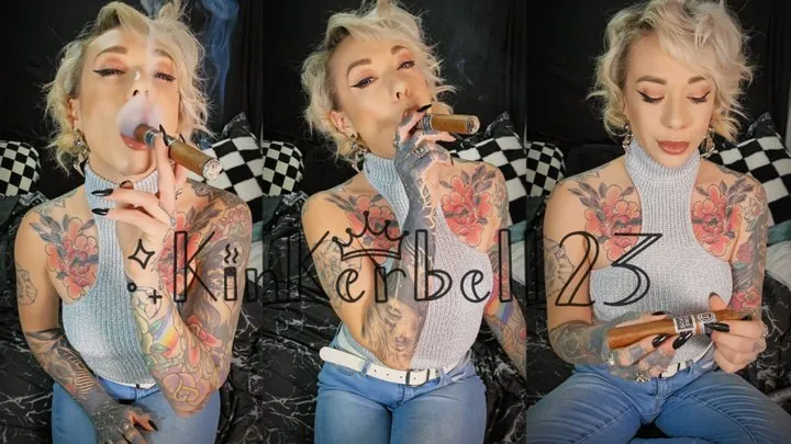 Smoking and inhaling cigar in Denim jeans and Silver top - Kinkerbell23