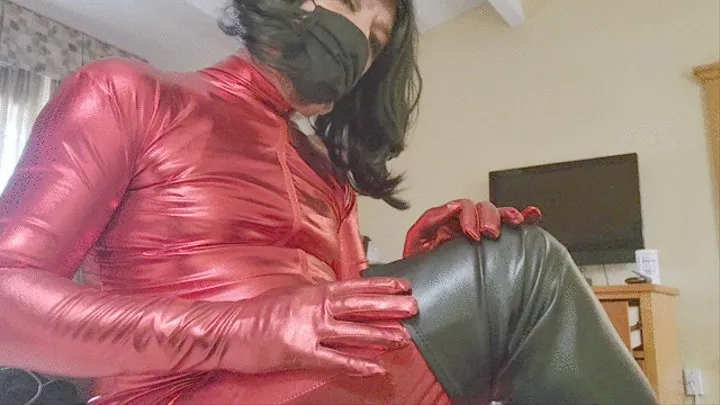 Shiny red catsuit facesit with boot and glove worship pov